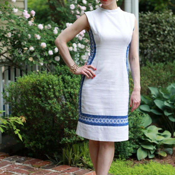 VINTAGE White Dress with Blue Embroidery - Picture 1 of 7